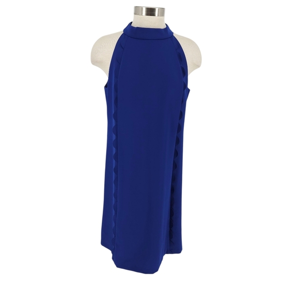 Vince Camuto Fit Flare Dress Blue Sleeveless Scalloped Halter Zip Back 12 - Picture 1 of 8